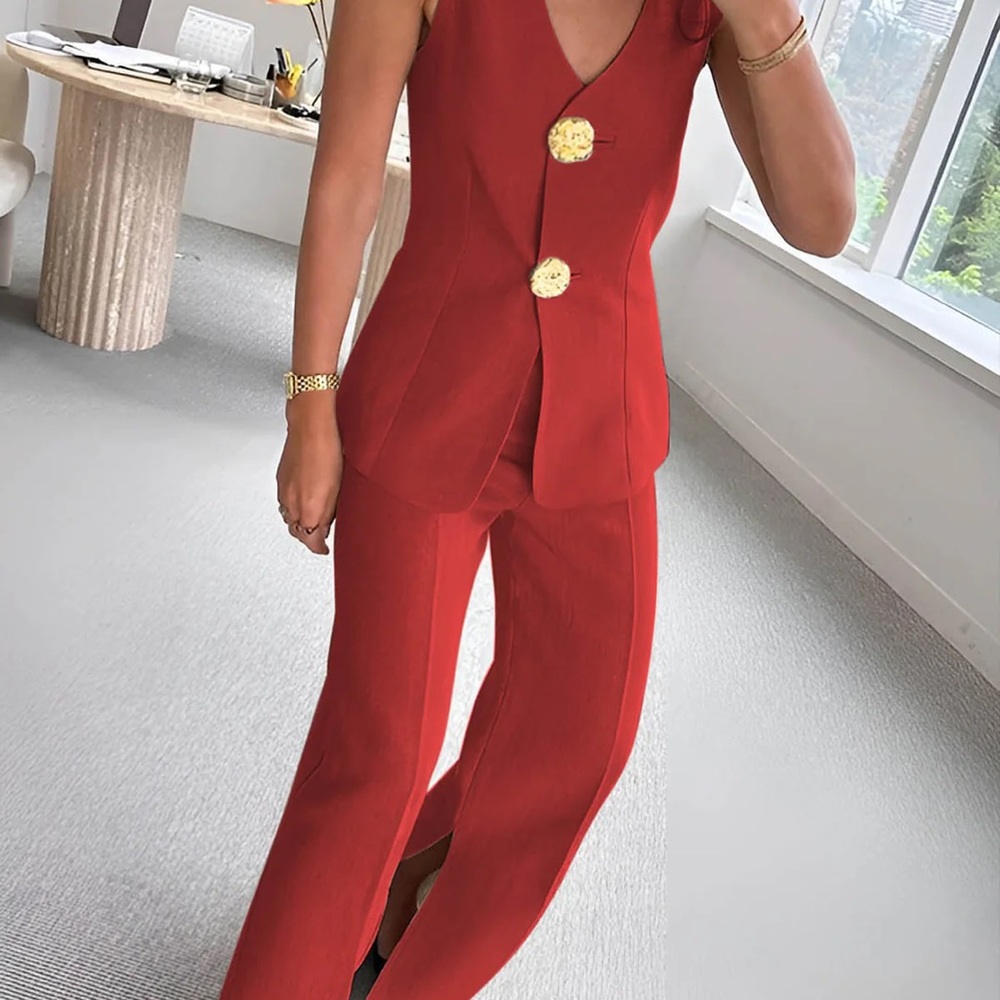 Commense Vibrant Red Pantsuit with Gold Accents